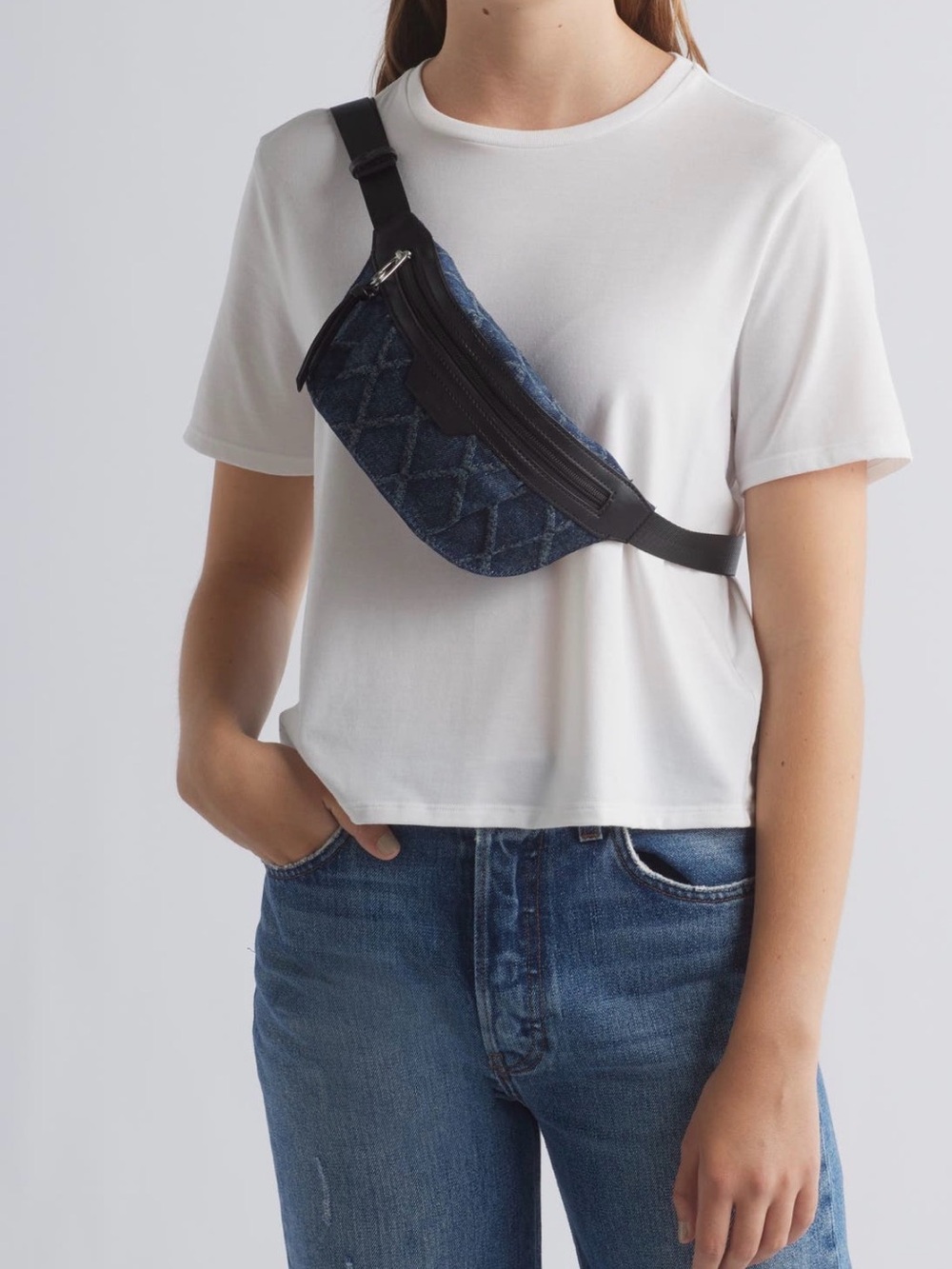 rag & bone Denim Quilted Belt Bag in Dark Blue with Black Trim